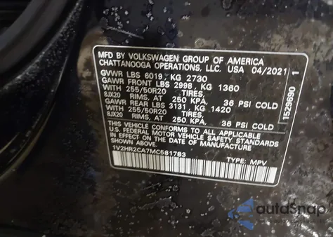 2021 Volkswagen Atlas 3.6L V6 Se W/Technology from USA, damaged, VIN 1V2HR2CA7MC581783